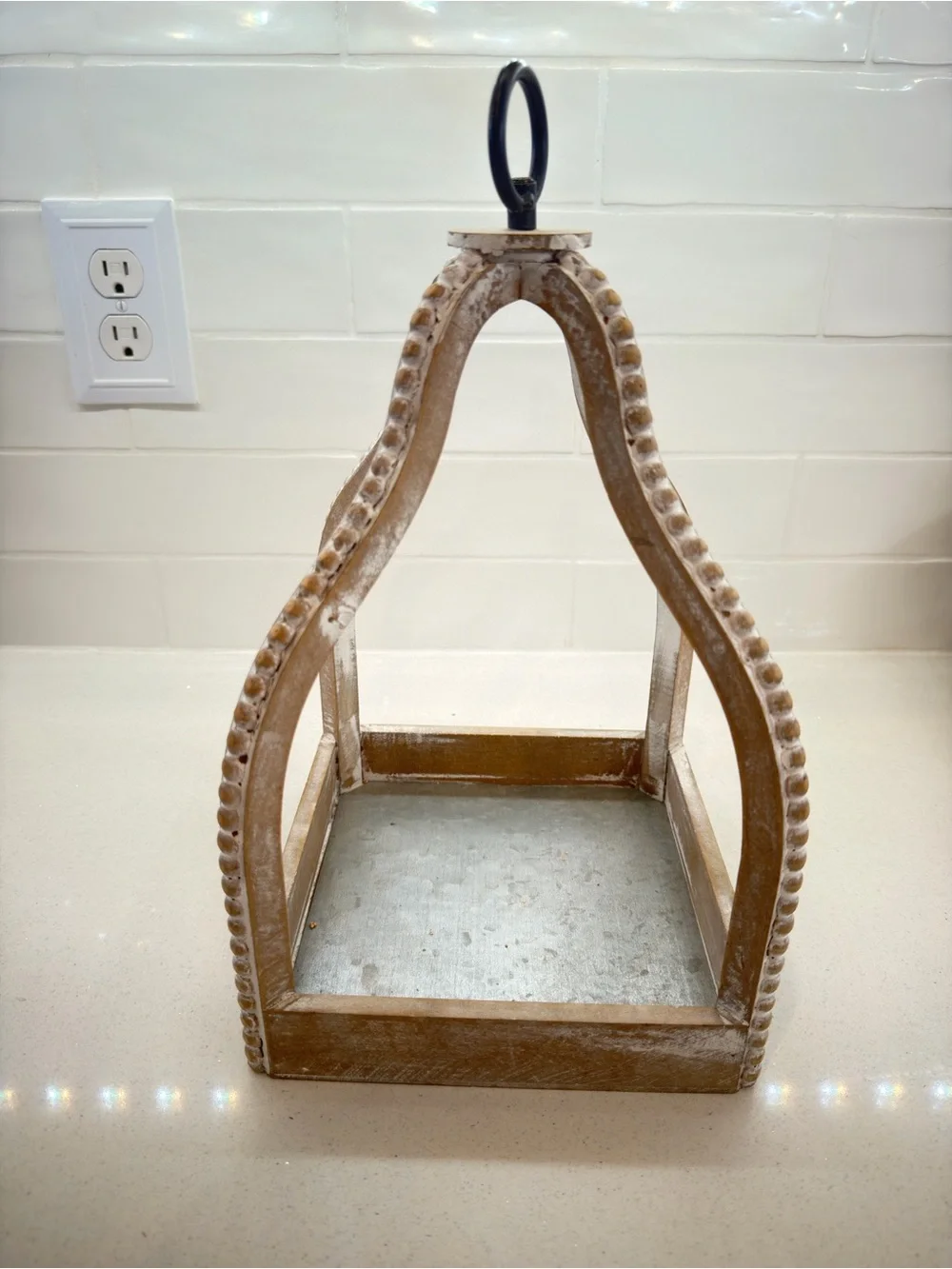 Kirkland Signature Whitewashed Wood and Metal Decorative Lantern with Black Ring